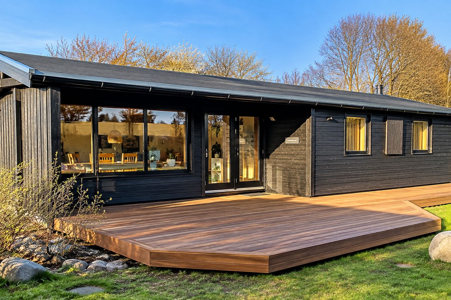 Inspiration til træterrasse ved mørkt sommerhus